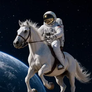 A realistic astronaut being ridden by a horse, photorealistic depiction in outer space with accurate lighting and proportions - Reve Reve 2.1