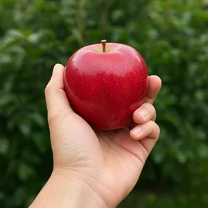 A realistic photo of a hand holding a red apple, with all fingers clearly visible. - Reve Reve 2.1