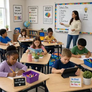 A school classroom of children and a teacher, each student engaged in a different activity. - Reve Reve 2.1