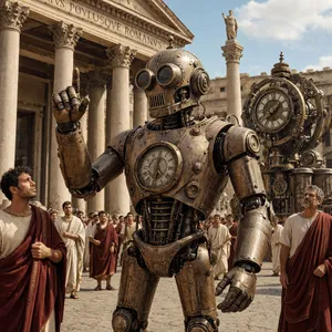 A steampunk robot time-traveling in ancient Rome, depicted in a detailed cinematic style that blends historical accuracy with copper and brass retrofuturistic aesthetics. - Reve Reve 2.1