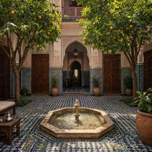 A traditional Moroccan riad courtyard with detailed zellige tilework, flowing fountain, citrus trees, and ornate woodwork. Morning light casting intricate shadow patterns. - Reve Reve 2.1