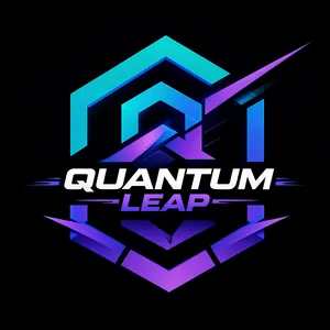 Abstract geometric logo for tech startup 'Quantum Leap', evoking connection & speed, vibrant blue/purple gradient, sharp angles. 'Quantum Leap' as text contained in logo. - Reve Reve 2.1
