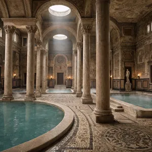 An ancient Roman bathhouse interior with accurate architectural details - marble columns, mosaic floors, arched ceilings, and steam rising from pools. Natural light from oculus openings. - Reve Reve 2.1