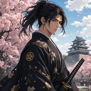 An anime-style portrait of a samurai standing under pink cherry blossoms. - Reve Reve 2.1