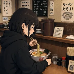 An anime scene of a character eating ramen at a small shop counter (slice-of-life style). - Reve Reve 2.1