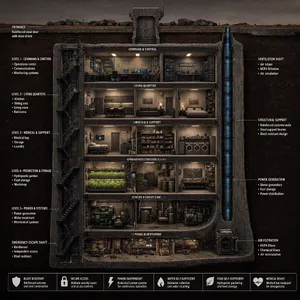 Cross-section rendering of a multi-level underground bunker with different functional areas, structural support systems, ventilation, and power generation facilities visible. - Reve Reve 2.1