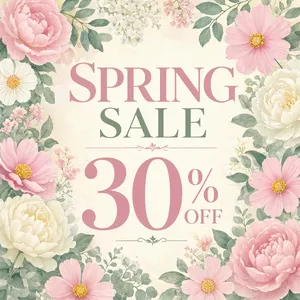 Instagram post graphic: 'SPRING SALE 30% OFF'. Floral background, pastel colors, elegant serif font style visually integrated. - Reve Reve 2.1