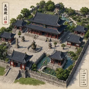 Isometric architectural illustration of an ancient Chinese temple complex showing multiple pavilions, gardens, and ceremonial spaces. Include proper roof structures and traditional ornamentation. - Reve Reve 2.1