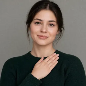 Photorealistic close-up portrait of a person clearly performing the American Sign Language gesture for 