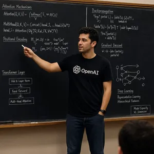 Photorealistic depiction of a man wearing a clearly visible black OpenAI-branded T-shirt. He is standing at the front of a university lecture hall, writing complex mathematics and AI-related equations across a large, dusty chalkboard filled with notation - Reve Reve 2.1