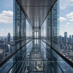 Photorealistic rendering of a contemporary glass skybridge between two skyscrapers, seen from inside with city views visible through glass walls and floor. Show accurate reflections and structural details. - Reve Reve 2.1