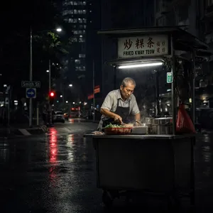 Rain-slicked Singapore street, 3 AM. A lone elderly hawker cleans his cart under one flickering fluorescent light. Steam rises gently. Low-angle shot, photorealistic - Reve Reve 2.1