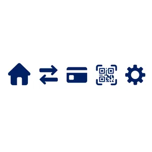 Set of 5 consistent flat design icons for a mobile banking app: 'Home', 'Transfer', 'Account', 'Scan QR', 'Settings'. Monochrome dark blue. - Reve Reve 2.1