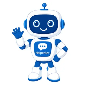 Simple flat vector mascot: friendly smiling robot character 'HelperBot', approachable design, primarily blue and white. - Reve Reve 2.1