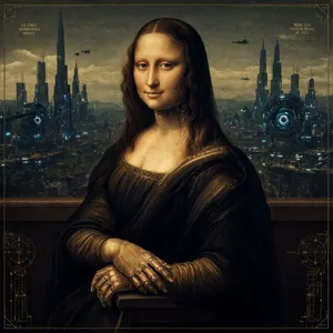 The Mona Lisa reimagined as a futuristic android, rendered in a digital art style that preserves Da Vinci's composition while incorporating sleek cyberpunk aesthetics and technological elements. - Reve Reve 2.1