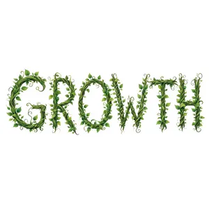 The word 'GROWTH' visualized using stylized plant vines organically forming the letters, green tones, white background, graphic design. - Reve Reve 2.1