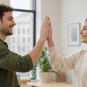 Two people high-fiving, with focus on their hands meeting mid-air. - Reve Reve 2.1