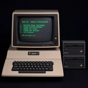 Vintage Apple II computer with green monochrome CRT screen, displaying 'END OF WORLD PROCEDURES' in green text. Two external floppy drives stacked on the right, labeled disk II with rainbow Apple logos. Beige casing, black background, retro aesthetic. - Reve Reve 2.1