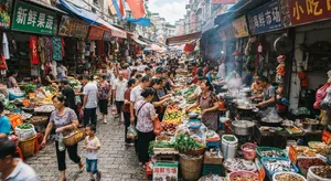 A bustling market scene with dozens of people buying and selling goods. - Google Nano Banana 2 Lite