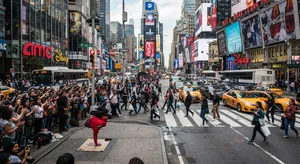 A busy city intersection with cars, pedestrians, and street performers all in one frame. - Google Nano Banana 2 Lite