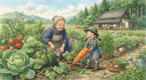 A child and elder tending oversized vegetables in a garden. Reproduce the artistic style of Studio Ghibli, with their distinctive character proportions and detailed plant illustrations. - Google Nano Banana 2 Lite