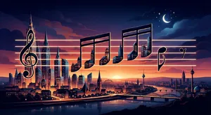 A city skyline that forms the shape of musical notes on a staff, created in a stylized graphic design aesthetic with clean architectural lines and dramatic twilight colors. - Google Nano Banana 2 Lite