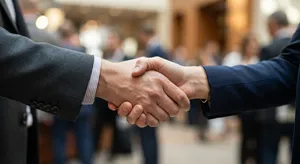 A close-up of two people shaking hands, both hands fully visible with five fingers each, in sharp focus against a blurred background. - Google Nano Banana 2 Lite