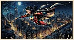 A comic-book style superhero flying over a city at night, with halftone shading. - Google Nano Banana 2 Lite