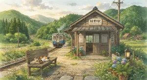 A countryside train station with a cat waiting on a bench. Rendered in Studio Ghibli animation style with Miyazaki's watercolor backgrounds and hand-drawn quality. - Google Nano Banana 2 Lite