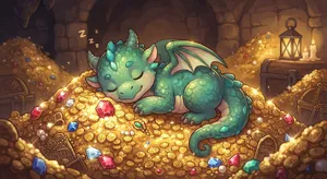 A cute chibi-style dragon sleeping on a pile of gold. - Google Nano Banana 2 Lite