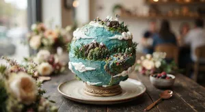 A dessert cake that looks like a tiny planet, complete with miniature trees and mountains, photographed in a professional food photography style with tilt-shift focus effect. - Google Nano Banana 2 Lite