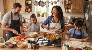 A family cooking together in a kitchen, each person busy with a different task. - Google Nano Banana 2 Lite