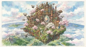 A floating steampunk castle in the sky with intricate mechanical gears and cherry blossom trees, illustrated in Hayao Miyazaki's Castle in the Sky (1986) art style with watercolor textures and detailed line work. - Google Nano Banana 2 Lite