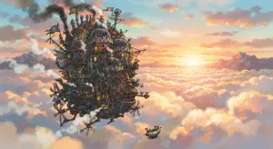 A flying castle floating in clouds at sunrise. Match the visual aesthetic of 'Howl's Moving Castle' by Studio Ghibli, with Miyazaki's blend of steampunk elements and fantasy. - Google Nano Banana 2 Lite