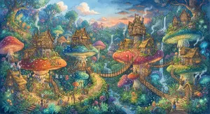 A forest of giant mushrooms with houses built on top of them, rendered in a whimsical Studio Ghibli-inspired art style with vibrant colors and fantastical details. - Google Nano Banana 2 Lite