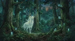 A forest spirit standing among tall trees. Replicate the artistic style of 'Princess Mononoke' by Studio Ghibli, with Miyazaki's detailed environments and mystical creature design. - Google Nano Banana 2 Lite