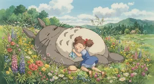 A girl and a giant fluffy creature napping in a wildflower meadow. Reproduce the art style of 'My Neighbor Totoro' by Studio Ghibli, with Miyazaki's soft character designs. - Google Nano Banana 2 Lite