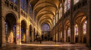 A Gothic cathedral interior at sunset with light streaming through detailed stained glass windows, creating colored patterns on stone floors and columns. Show accurate ribbed vaulting. - Google Nano Banana 2 Lite