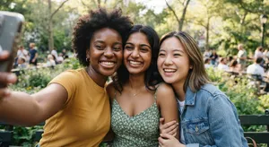 A group selfie of three friends of different ethnic backgrounds smiling at the camera. - Google Nano Banana 2 Lite