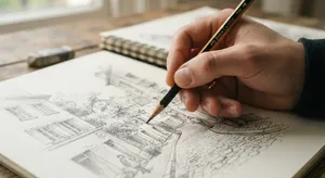 A hand drawing a sketch on paper with a pencil, the hand and pencil tip in clear focus. - Google Nano Banana 2 Lite