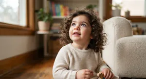 A hyper-realistic photo of a toddler with curly hair and big eyes, looking upward. - Google Nano Banana 2 Lite