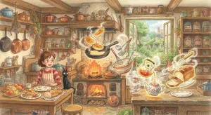 A kitchen with magical cooking implements preparing breakfast. Duplicate the artistic style of Studio Ghibli's domestic scenes, with Miyazaki's detailed settings and warm lighting. - Google Nano Banana 2 Lite
