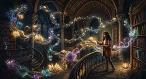 A library where the books are glowing and floating in mid-air, illustrated in a magical realism style with dramatic lighting and rich atmospheric colors. - Google Nano Banana 2 Lite