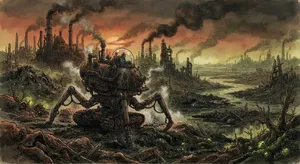A mechanical creature in a polluted landscape. Capture the visual aesthetic of 'Nausicaä' by Studio Ghibli, with Miyazaki's mechanical designs and environmental contrast. - Google Nano Banana 2 Lite
