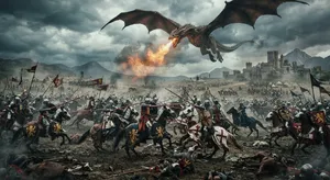 A medieval battlefield with knights on horseback and a dragon flying overhead. - Google Nano Banana 2 Lite