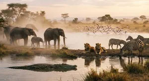 A misty dawn at an African savanna watering hole where elephants, lions, and zebras coexist in tense harmony, with a crocodile partially submerged in the foreground and flamingos taking flight in the background, golden hour lighting. - Google Nano Banana 2 Lite