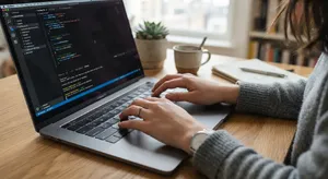 A person typing on a laptop keyboard, showing both hands on the keys. - Google Nano Banana 2 Lite