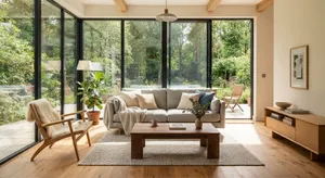 A photorealistic interior of a modern Scandinavian-style living room with natural light streaming through floor-to-ceiling windows. Show detailed wood textures, fabric materials, and proper light reflections. - Google Nano Banana 2 Lite