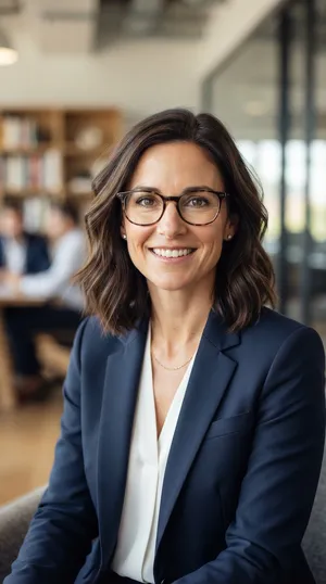 A professional headshot of a businesswoman wearing glasses, against a blurred background. - Google Nano Banana 2 Lite