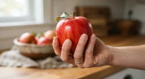 A realistic photo of a hand holding a red apple, with all fingers clearly visible. - Google Nano Banana 2 Lite